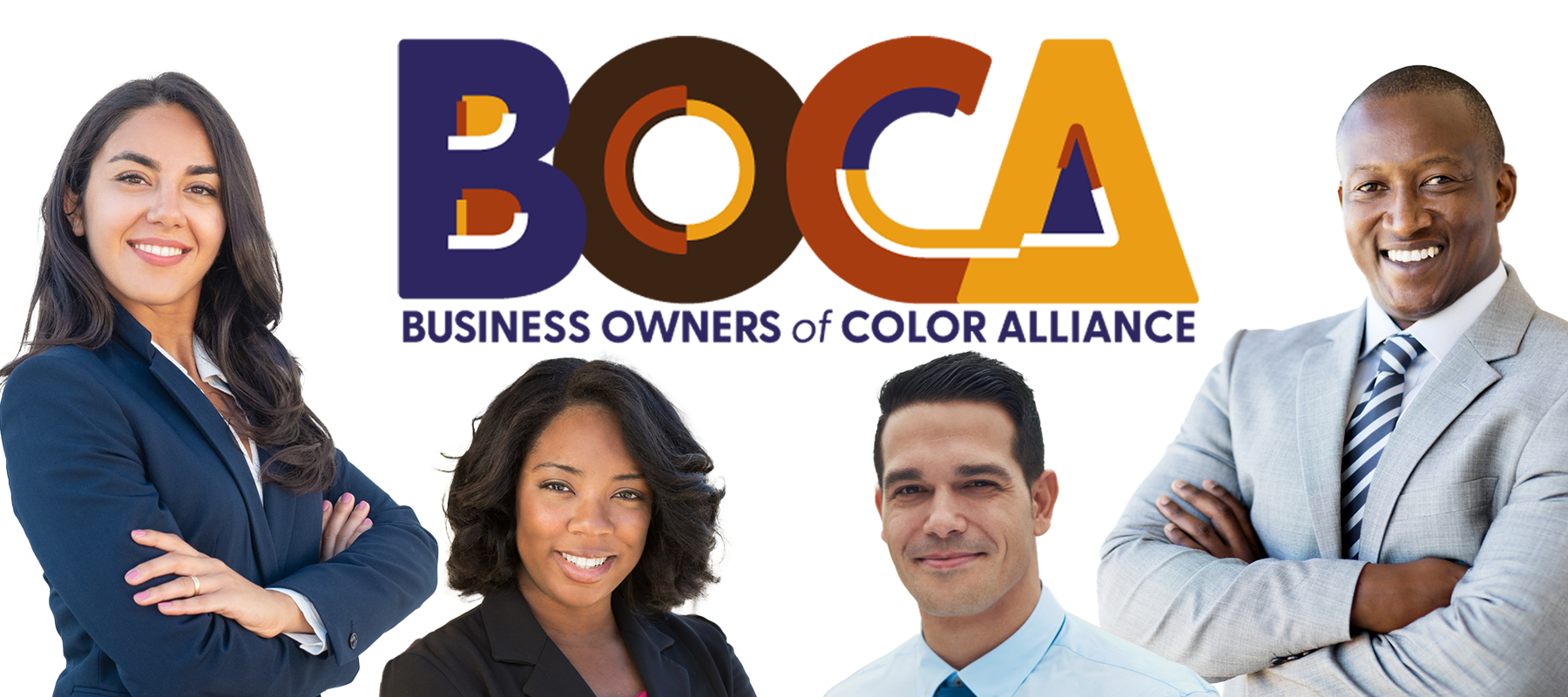 The logo Business Owners of Color Alliance (BOCA) surrounded by images of business owners of color